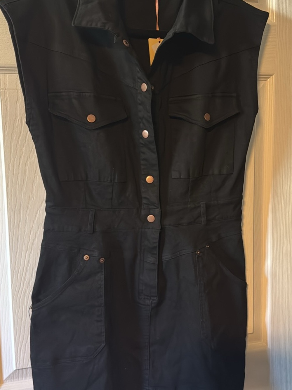 entro Black Denim Stretch Sleeveless Utility Dress